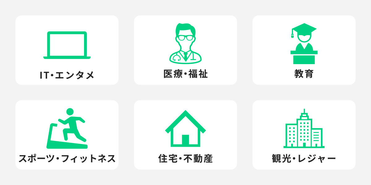 IT・エンタメ、医療・福祉、教育、スポーツ・フィットネス、住宅・不動産、観光・レジャー